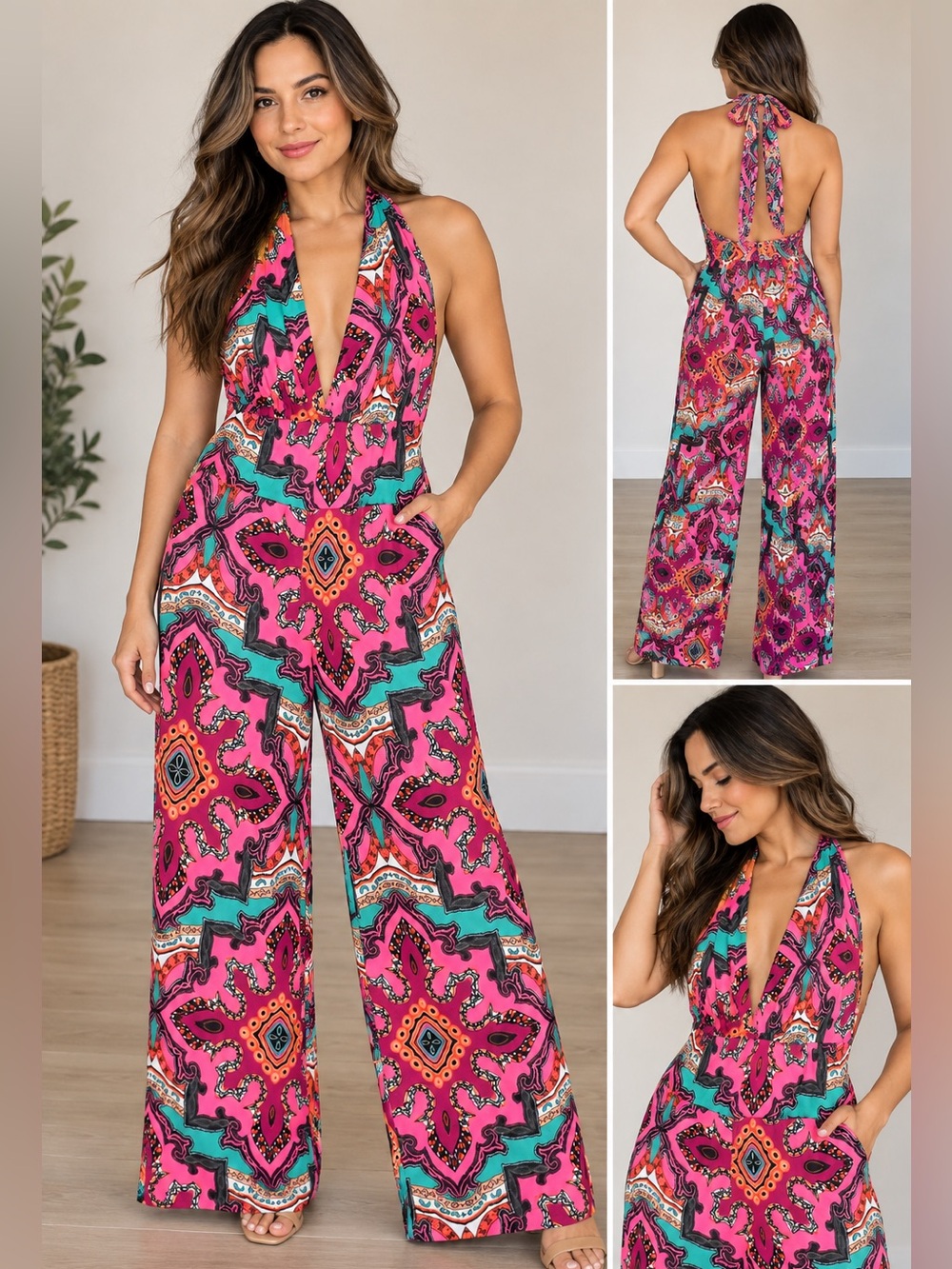 Body Flirt Women’s XL Pink Paisley Halter Jumpsuit Wide Leg Boho Colorful
